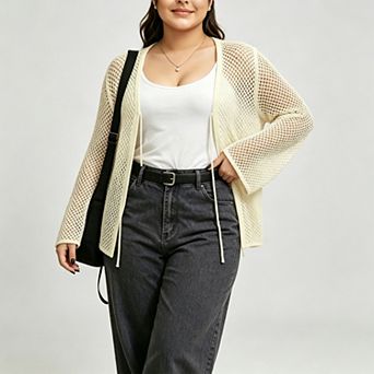 Women Plus Size Crochet Cardigan Tie Front Long Sleeve Cover Up with Hollow Out Lightweight Knit Top