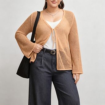 Women Plus Size Crochet Cardigan Tie Front Long Sleeve Cover Up with Hollow Out Lightweight Knit Top
