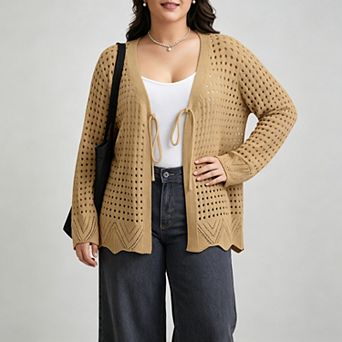 Women's Plus Size Tie Front Crochet Hollow Out Cardigan Lightweight Long Sleeve Knit Sweater Top
