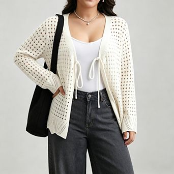 Women's Plus Size Tie Front Crochet Hollow Out Cardigan Lightweight Long Sleeve Knit Sweater Top