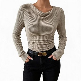 KOJOOIN Womens Cowl Neck Knit Sweater Long‑Sleeve Slim Fit Casual Elegant Top