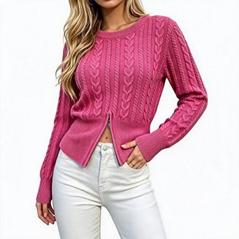 KOJOOIN Womens Crew Neck Front Zipper Cable Knit Sweater Slim Fit Cropped Solid Casual Sweater