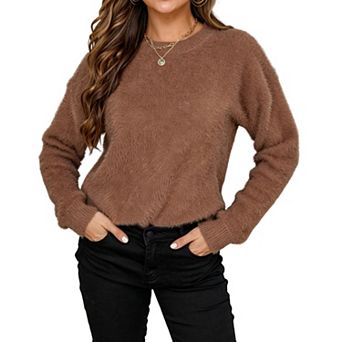 KOJOOIN Womens Crew Neck Fuzzy Knit Sweater Solid Long‑Sleeve Loose Cozy Warm Casual Top