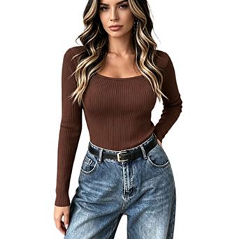 Women's Ribbed Knit Pullover Sweater Causal Square Neck Long Sleeve Basic Layering Top