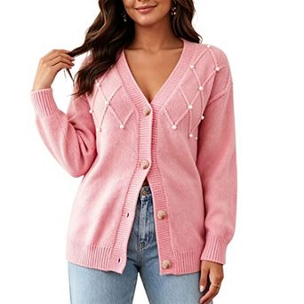 Women's Plus Size V Neck Knit Cardigan Causal Elegant Long Sleeve Sweater Coat With Pearl
