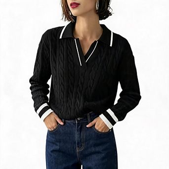 KOJOOIN Women's Polo Collar V‑Neck Cable Knit Sweater Contrast Trim Soft Casual Sweater