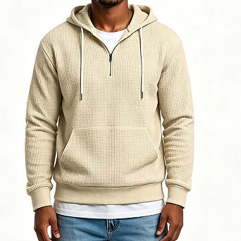 Men Waffle Knit Hoodie Quarter Zip Long Sleeve Drawstring Pullover Sweatshirt