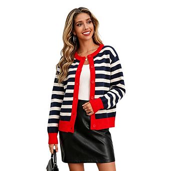 Women's Color locked Crew Neck Pullover Sweater Striped Knit Sweater