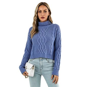 Women's High Neck Drop Shoulder Long Sleeved Cable Knit Button Down Short Pullover Sweater