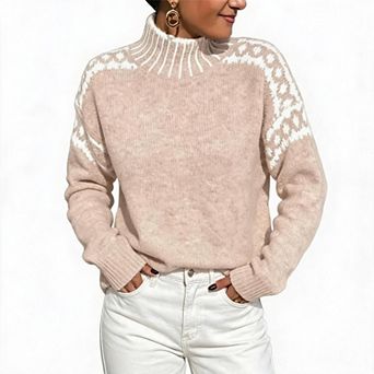 KOJOOIN Womens Mock Neck Loose Sweater Long‑Sleeve Geometric Knit Casual Warm Top