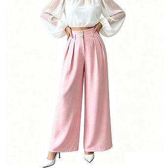 Womens High Waist Wide Leg Pants Pleated Front Button Casual Relaxed Fit Elegant Trousers