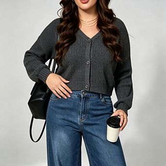 Women's Plus Size Long Sleeve Button Front v Neck Soft Cardigan Sweaters
