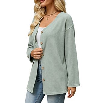 KOJOOIN Women's V‑Neck Knit Cardigan Button Front Long‑Sleeve Loose Casual Cardigan