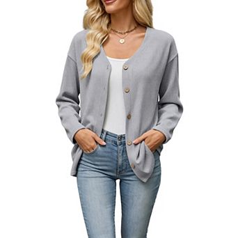 KOJOOIN Women's V‑Neck Knit Cardigan Button Front Long‑Sleeve Loose Casual Cardigan