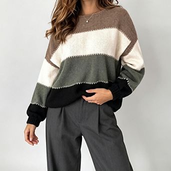 ShopWonder Women's Loose Striped Color Block Long Crew Neck Pullover Sweater