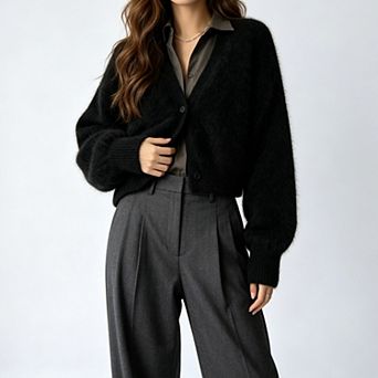 ShopWonder Women Fuzzy Cardigan Sweater V Neck Long Sleeve Button Down Slouchy Furry Knit Sweaters