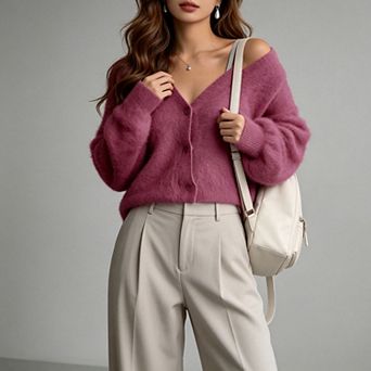 ShopWonder Women Fuzzy Cardigan Sweater V Neck Long Sleeve Button Down Slouchy Furry Knit Sweaters