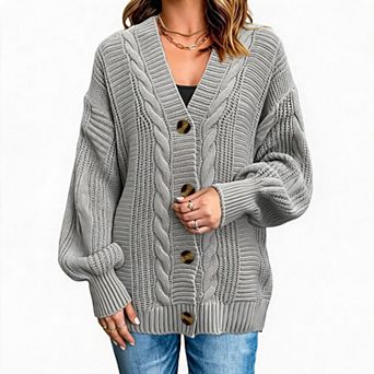KOJOOIN Women's V‑Neck Cable Knit Button‑Down Cardigan Loose Casual Fall Winter Outerwear