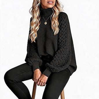 KOJOOIN Womens Turtleneck Cable Sweater Raglan Puff‑Sleeve Loose Fall Winter Casual Sweater