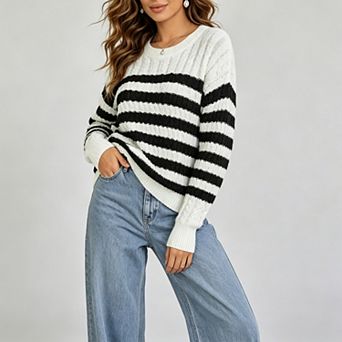 ShopWonder Women Lightweight Long Sleeve Cable Knit Sweater Crew Neck Stripe Pullover Top
