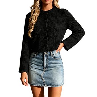 Women Knit Cropped Cardigan Button Down Sweater Jacket