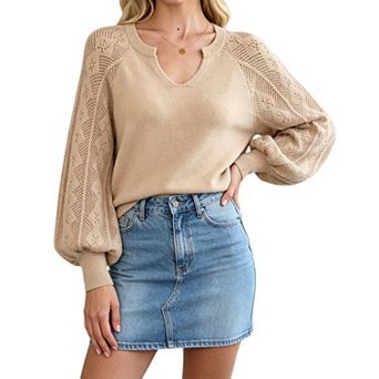 Women Knit Hollow Out Lantern Long Sleeve Sweater