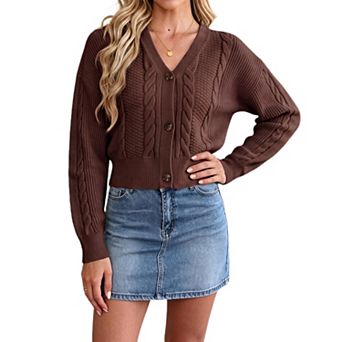 Women Cable Knit Cropped Cardigan V Neck Sweater Jacket