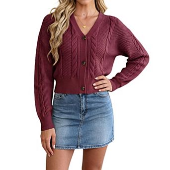 Women Cable Knit Cropped Cardigan V Neck Sweater Jacket