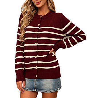 Women Striped Knit Cardigan Long Sleeve Casual Sweater Jacket
