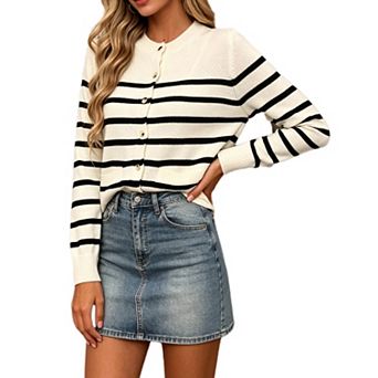 Women Striped Knit Cardigan Long Sleeve Casual Sweater Jacket