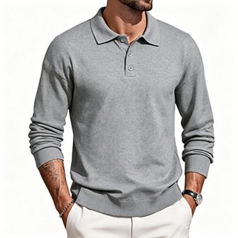 Men's Casual Polo Shirt Long Sleeve V Neck Button Front Golf Pullover Top