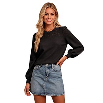Women Lace Crew Neck Sweater Puff Long Sleeve Knit Pullover Top