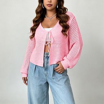 Women's Plus Size Cardigan Hollow Out Open Knit Sweater Ladies Front Tie Shrug