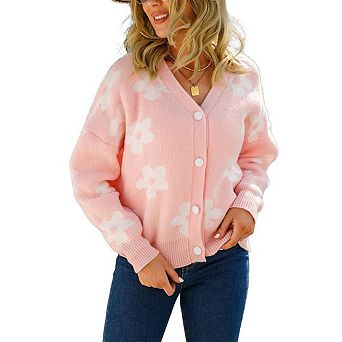 Women's V Neck Button Down Knit Cardigan Long Sleeve Floral Print Loose Casual Sweater