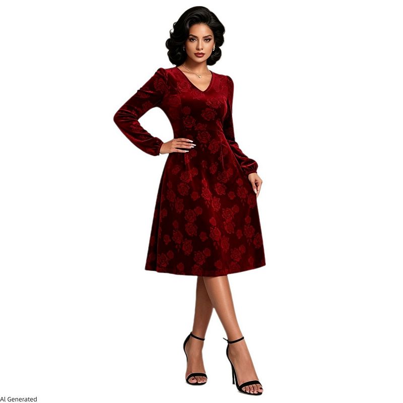 Women's V Neck Velvet Embossed Floral Long Sleeve Midi A Line Flowy Party Dress
