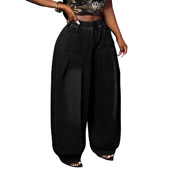 Women’s Plus Size Barrel Baggy Jeans, Boyfriend Style Wide Leg Casual Denim Pants