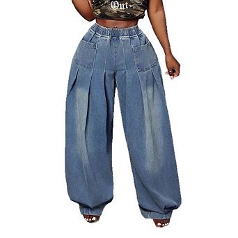 Women’s Plus Size Barrel Baggy Jeans, Boyfriend Style Wide Leg Casual Denim Pants