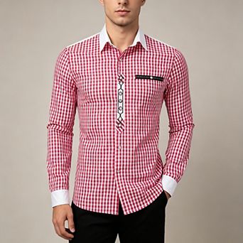 Men's Bavarian Oktoberfest Plaid Button-Down Shirt with Embroidered Trim