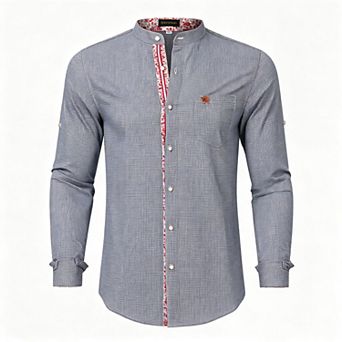 Men's Casual Band Collar Button-Down Shirt with Plaid Detailing