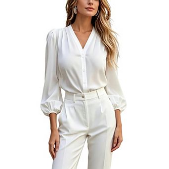 Women's Lantern Long Sleeve Ruched Tops V Neck Blouse Business Work Button Down Shirts