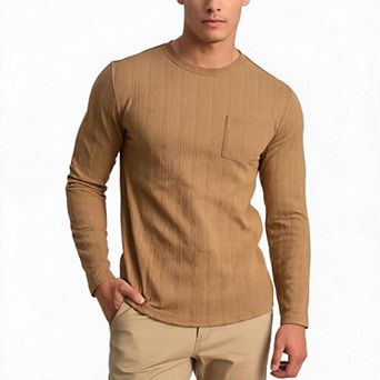 Men Long Sleeve T Shirt Crew Neck Textured Stripe Pocket Casual Daily Top For Men Autumn Winter Wear