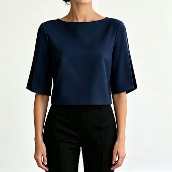 Women Boat Neck Cropped Blouse Split Short Sleeve Elegant Formal Loose Top for Business Office Wear