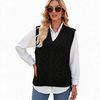 Women V‑Neck Cable Knit Sweater Vest Sleeveless Loose Knit Pullover Waistcoat