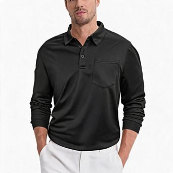 Men Long Sleeve Polo Shirt Collared Chest Pocket Casual Sports Top For Daily Golf Outdoor Activities