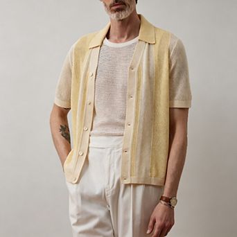 Men's Casual Striped Knit Polo Cardigan Breathable Short Sleeve Shirt