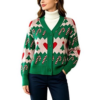 Women's V Neck Fair Isle Christmas Color Block Button Front Long Sleeve Ugly Xmas Cardigan Top
