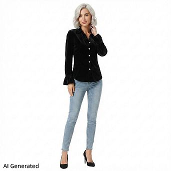 Women’s Elegant Velvet Button‑Down Blouse, Bell Sleeve Slim‑Fit Casual Dressy Shirt