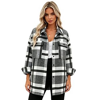 Women's Oversized Plaid Button Front Jacket Causal Dressy Lapel Long Sleeve Shacket with Pockets
