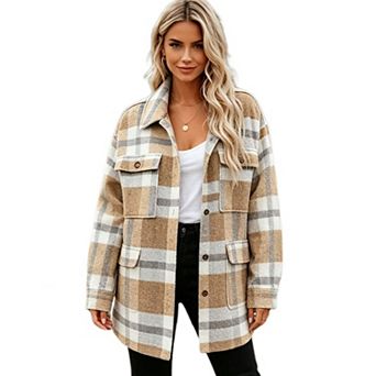 Women's Oversized Plaid Button Front Jacket Causal Dressy Lapel Long Sleeve Shacket with Pockets