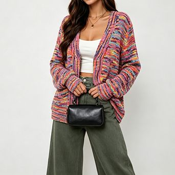 Women's Rainbow Knitted Cardigan Multicolor Striped Button Down Color Block Knit Sweater
